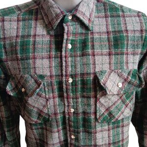 Men's Medium Flannel Wool Shirt Vintage JC Penney Plaid Gray & Green 1980's